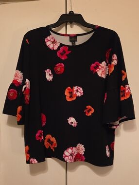Worthington Black Floral Bell-Sleeve Top with Pink & Orange Blooms